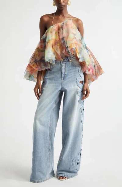 Zimmermann Alchemy Applique Relaxed Flare Jeans In Sea Foam In Blue