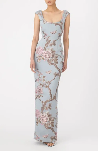 Sau Lee Brooke Brocade Gown In Blue