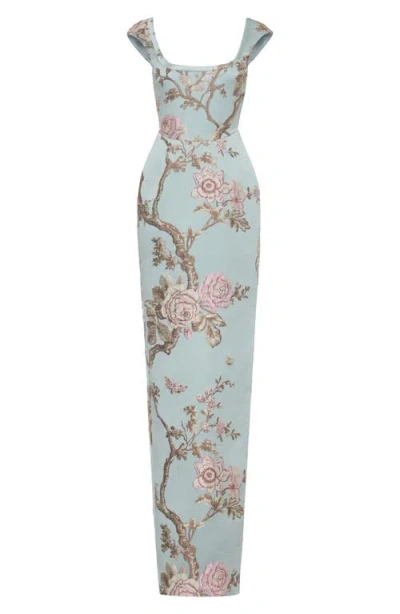 Sau Lee Brooke Brocade Gown In Blue