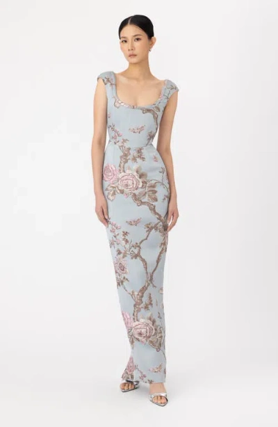Sau Lee Brooke Brocade Gown In Blue