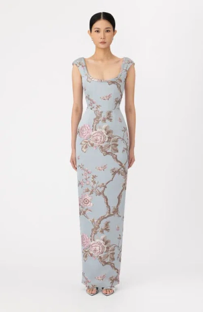 Sau Lee Brooke Brocade Gown In Blue