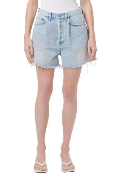 Agolde Rhoda Pleated Denim Cutoff Shorts In Blue