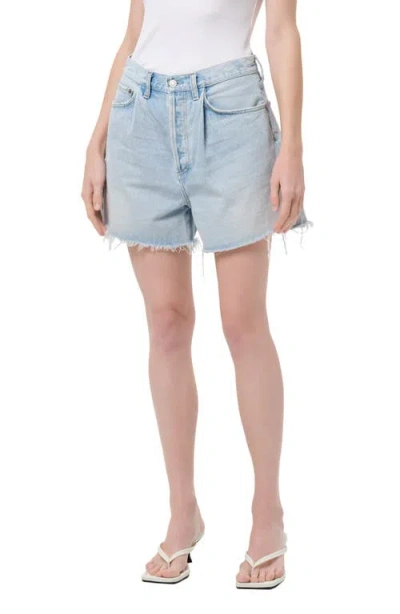 Agolde Rhoda Pleated Denim Cutoff Shorts In Blue