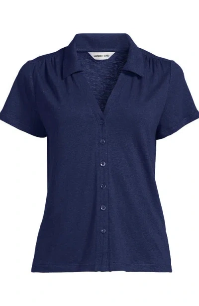 Lands' End Linen Blend Short Sleeve Button Front Polo Top In Multi