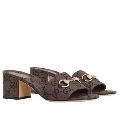 Gucci Mules Block Heel Metallic Hardware Open Toe In Brown