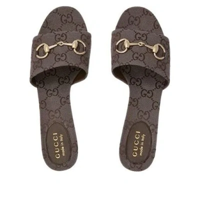 Gucci Mules Block Heel Metallic Hardware Open Toe In Brown