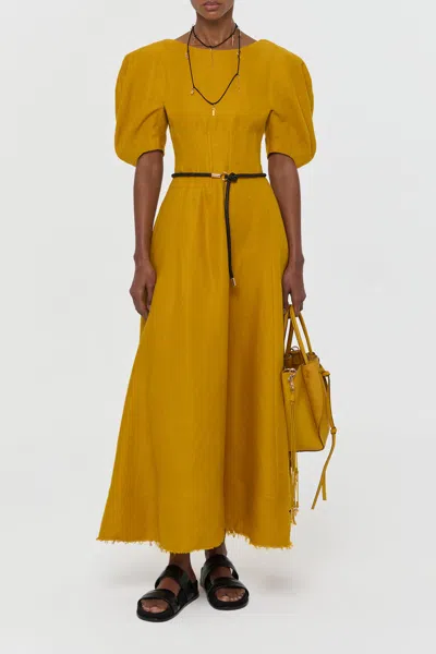 Gabriela Hearst Ranya Puff Sleeve Maxi Dress In Golden Birch Linen Twill In Brown