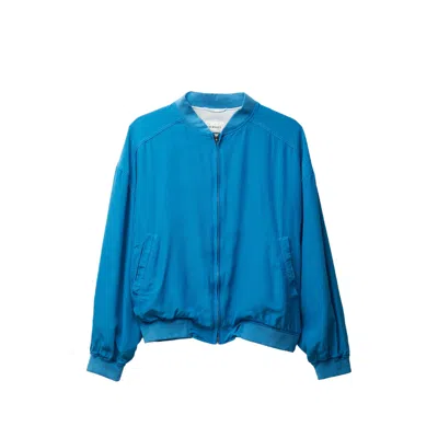 Versace Relaxed Fit Silk Jacket With Embroidered Logo And Zipper Closure In Blue