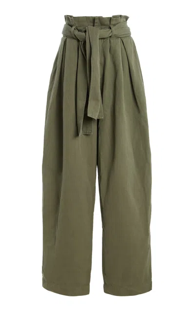 Balmain Belted Pleated Cotton And Linen-blend Twill Tapered Pants In Green