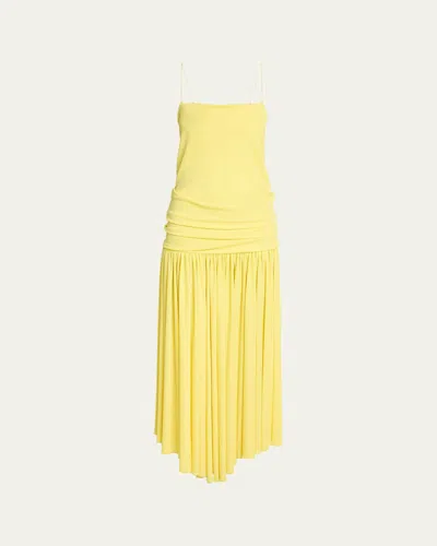 Jacquemus Yellow Dress With Straight Neckline And Gathered Waist In Tech Fabric Woman In Yellow