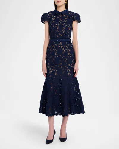 Self-portrait Guipure Blue Long Dress With Lace Design And Adjustable Waist Belt In Fabric Woman In Blue