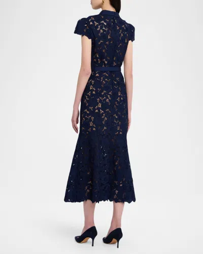 Self-portrait Guipure Blue Long Dress With Lace Design And Adjustable Waist Belt In Fabric Woman In Blue
