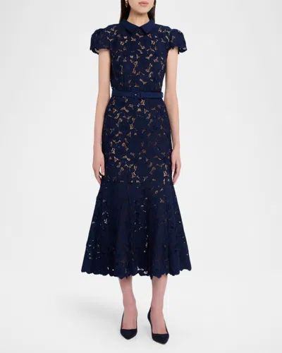 Self-portrait Guipure Blue Long Dress With Lace Design And Adjustable Waist Belt In Fabric Woman In Blue