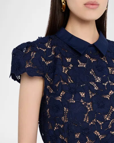 Self-portrait Guipure Blue Long Dress With Lace Design And Adjustable Waist Belt In Fabric Woman In Blue