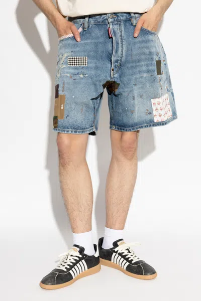 Dsquared2 Patchwork Medium Wash Boxer Shorts In Blue