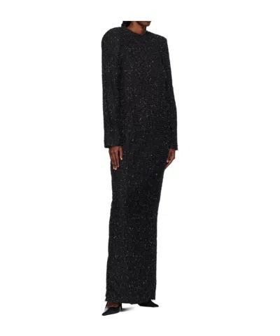 Pushbutton Black Metallic Thread Maxi Dress In Black