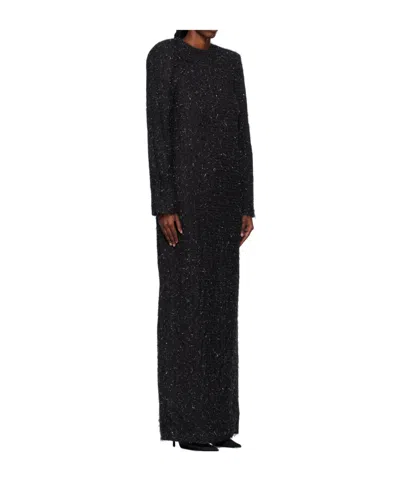 Pushbutton Black Metallic Thread Maxi Dress In Black