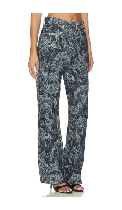 Allsaints Womens Printed Indigo Blake Horse-print Wide-leg Mid-rise Jeans In Blue
