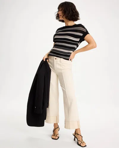 Chico's Striped Mesh Stitch Pullover Sweater In Black In Black