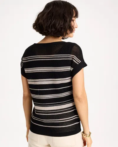 Chico's Striped Mesh Stitch Pullover Sweater In Black In Black