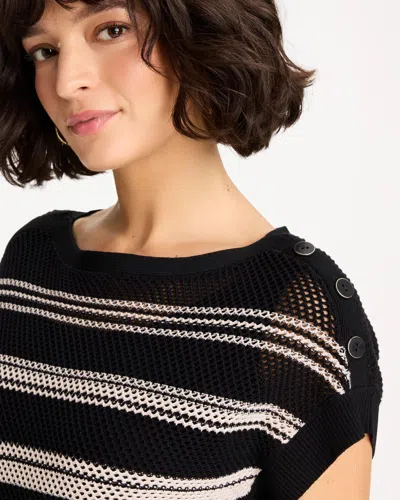 Chico's Striped Mesh Stitch Pullover Sweater In Black In Black