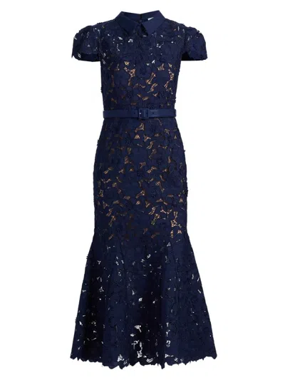 Self-portrait Guipure Blue Long Dress With Lace Design And Adjustable Waist Belt In Fabric Woman In Blue