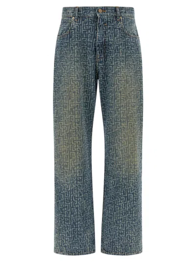 Balmain Monogram Denim Trousers All Over Pattern In Blue