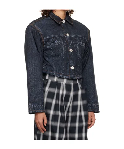 Pushbutton Black Denim Print Cropped Jacket In Blue