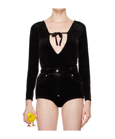 Pushbutton Black Front Self Tie Bodysuit In Black
