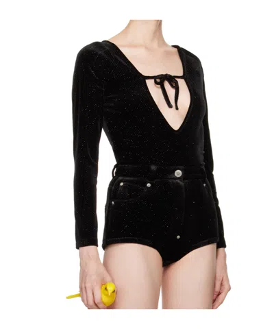 Pushbutton Black Front Self Tie Bodysuit In Black