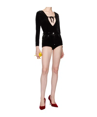 Pushbutton Black Front Self Tie Bodysuit In Black