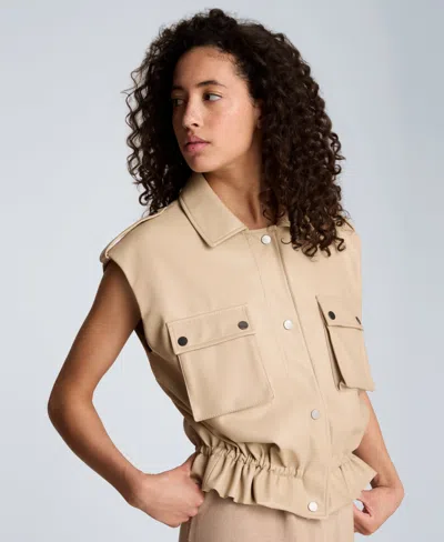 Kenneth Cole Faux Leather Snap Front Jacket With Drawcord Waist In Neutral