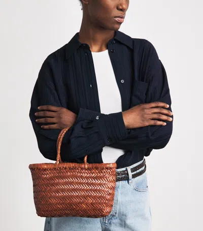 Dragon Diffusion Mini Flat Gora Woven-leather Tote Bag In Brown