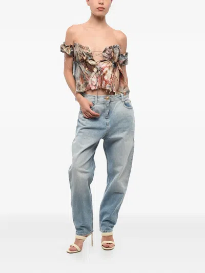 Balmain Printed Silk Off-shoulder Top In Multi