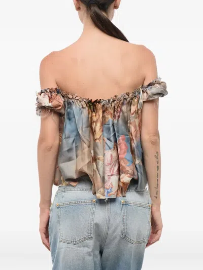 Balmain Printed Silk Off-shoulder Top In Multi