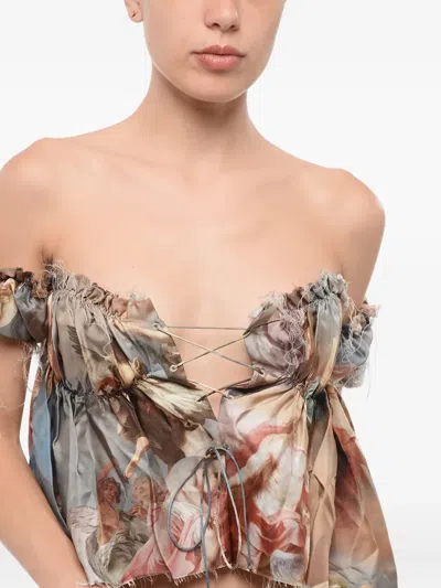 Balmain Printed Silk Off-shoulder Top In Multi