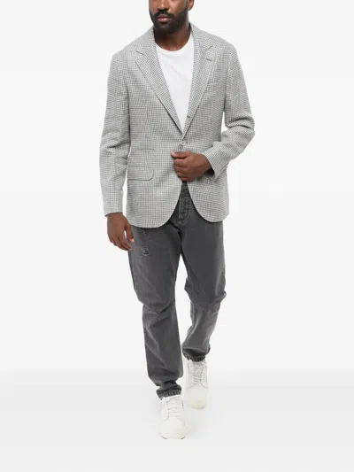Brunello Cucinelli Half-lined Linen Blend Blazer With Houndstooth Motif In Gray