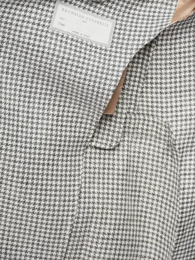 Brunello Cucinelli Half-lined Linen Blend Blazer With Houndstooth Motif In Gray