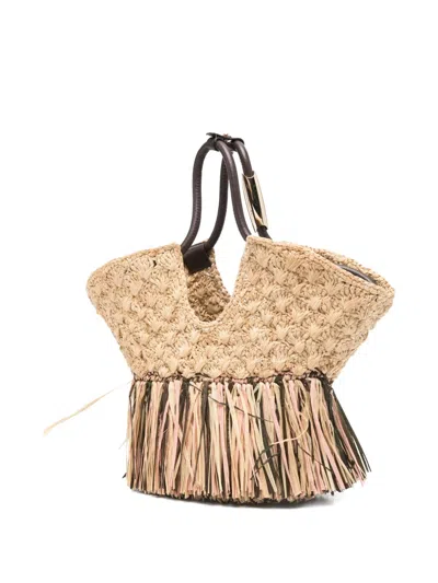 Zimmermann Goldentime Large Embellished Leather-trimmed Fringed Raffia Tote In Neutral