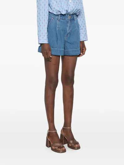 Zimmermann Pleated Denim Shorts With Cuff In Blue