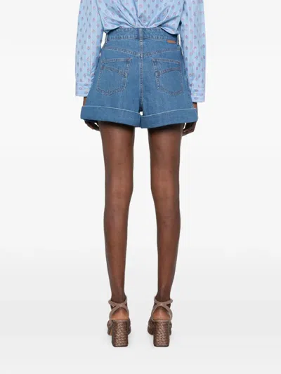 Zimmermann Pleated Denim Shorts With Cuff In Blue