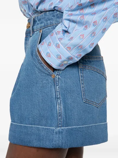 Zimmermann Pleated Denim Shorts With Cuff In Blue