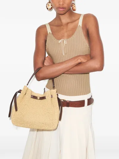 Tory Burch Romy Raffia And Leather Bucket Bag In Brown | ModeSens