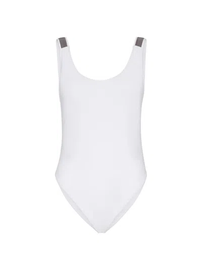 Brunello Cucinelli White Techno Jersey Precious Details One-piece Swimsuit In White