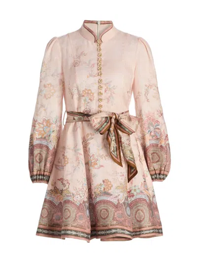 Zimmermann Womens Pink Paisley Alchemy Belted Floral-print Linen Mini Dress In Multi