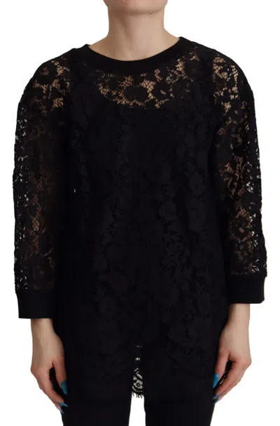 Dolce & Gabbana Black Floral Lace Pullover Sicily Blouse In Black