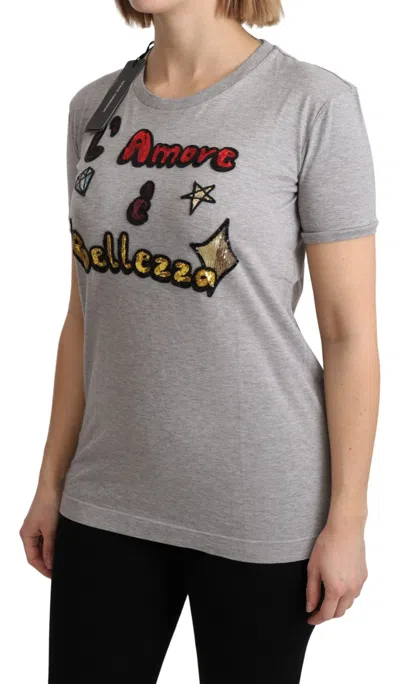 Dolce & Gabbana Multicolor Sequined Amore E Bellezza T-shirt In Gray