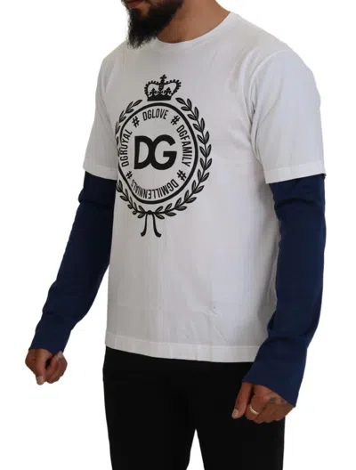 Dolce & Gabbana White Blue Dg Crown Pullover Sweater In White