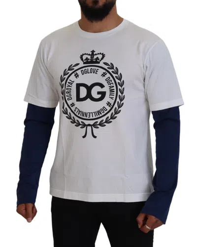 Dolce & Gabbana White Blue Dg Crown Pullover Sweater In White