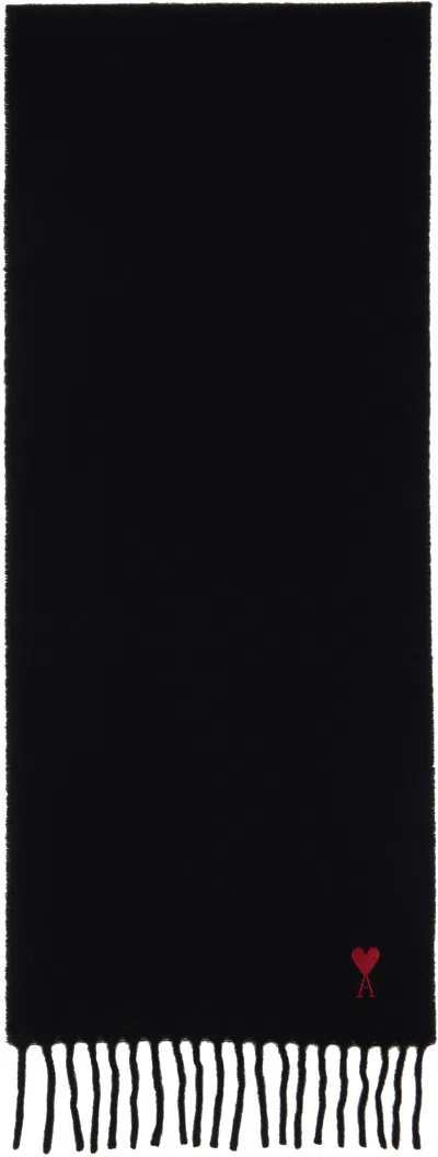 Ami Alexandre Mattiussi Ami Paris Ami De Coeur Wool Scarf With Fringed Edges In Black